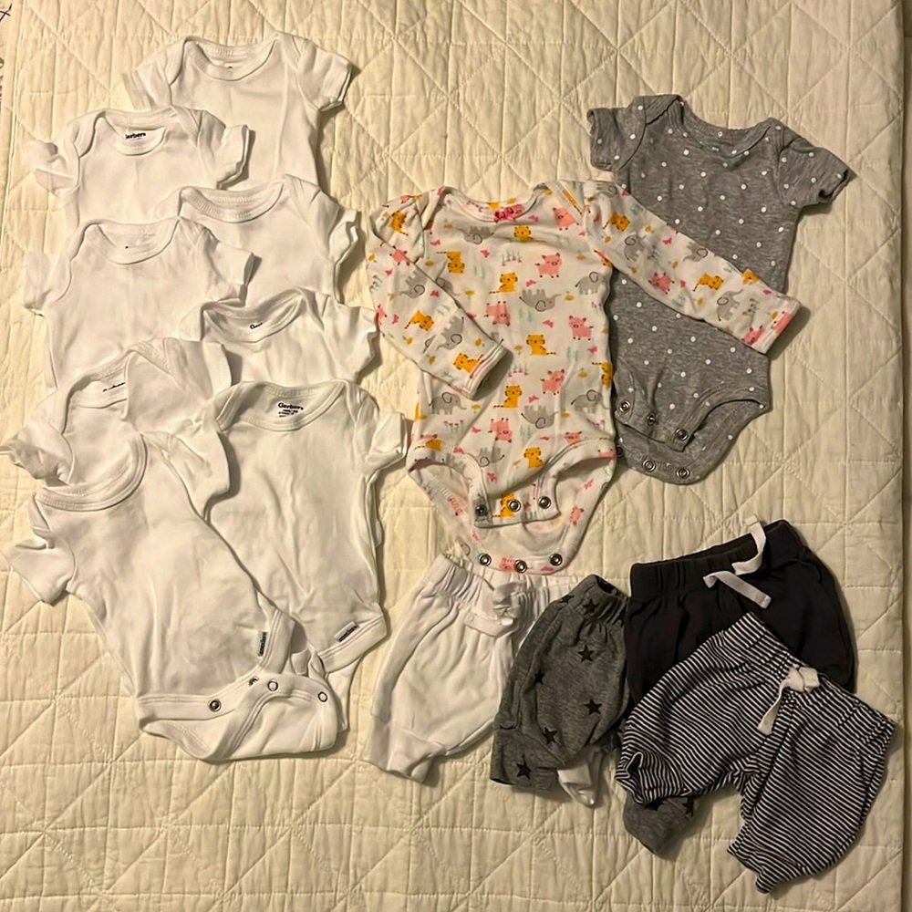 Gerber bodysuits; Simple Joys bodysuits; Amazon Essentials Shorts - Preemie